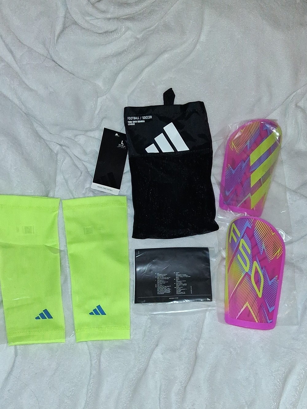 adidas Neon Yellow Men's Soccer Shin Guard Sleeves with Multicolor Shield Pair